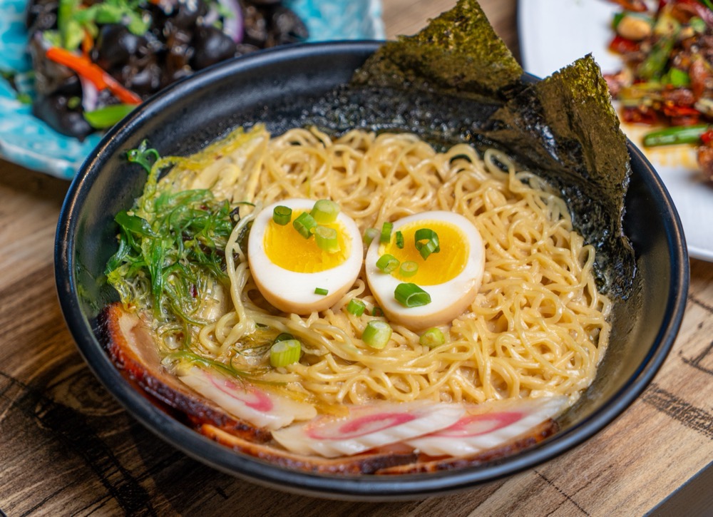 Ramen with soft-boiled eggs, nori and fish cake